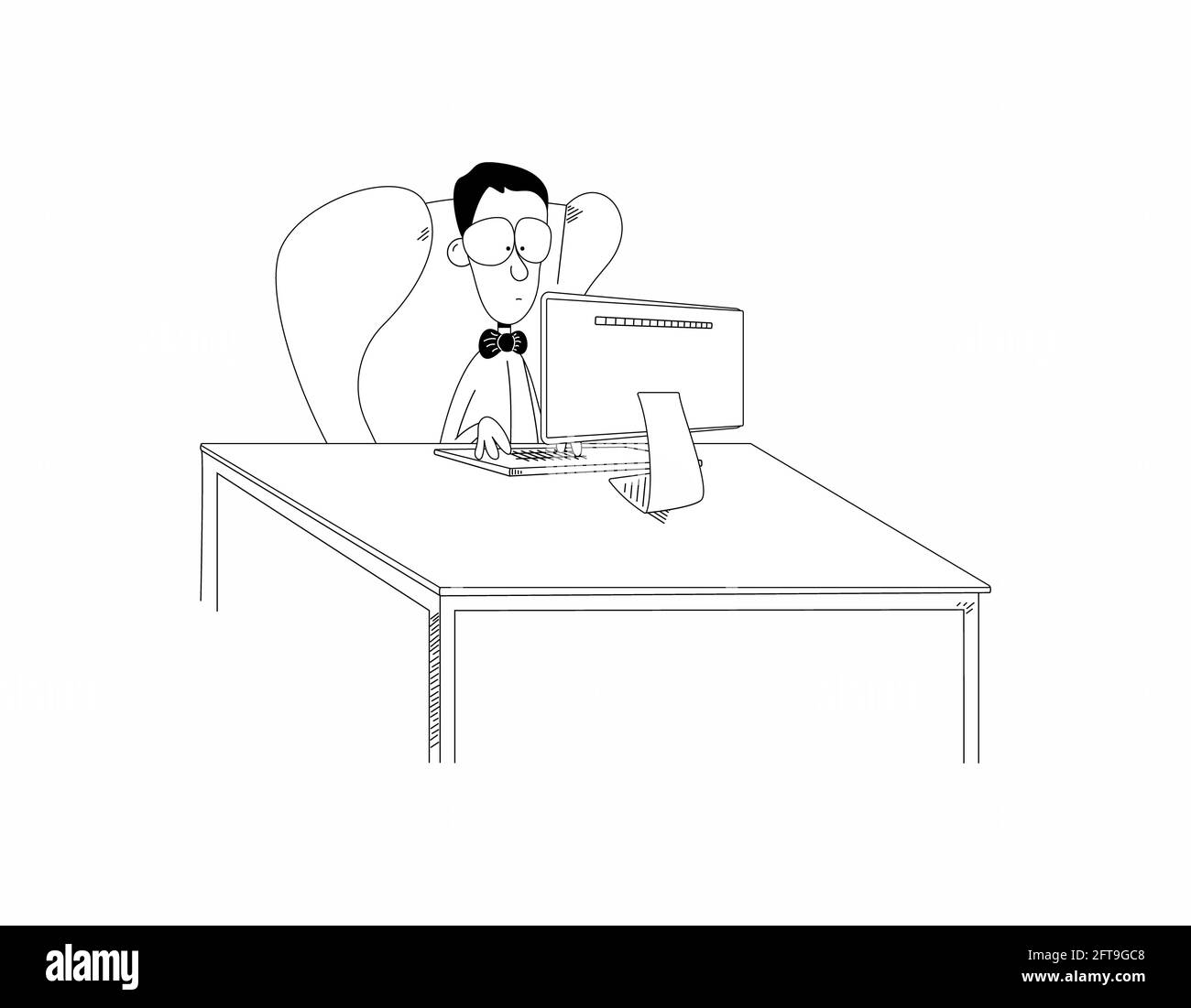 Funny cartoon man or nerd boy sit in chair at desk working on computer. Funny guy clerk or student with bow tie and glasses looks at monitor.Raster Stock Photo
