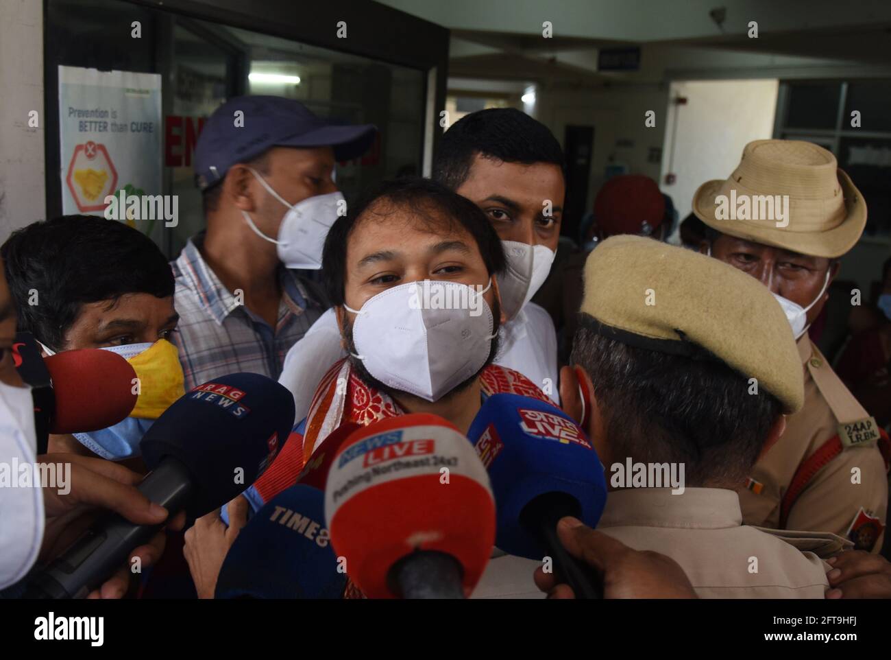 May 21, 2021, Guwahati, Guwahati, India: Akhil Gogoi  MLA of Sibsagar constituency prevent from talking to media as he  is on the way to take oath as the member of Assam Legislative Assembly  at GMCH in Guwahati  Assam India on  Friday 21st May 2021. Akhil Gogoi president of Raijor Dol and MLA of Sibsagar constituency  won the election by staying inside the jail and now he is undergoing treatment at GMCH. (Credit Image: © Dasarath Deka/ZUMA Wire) Stock Photo