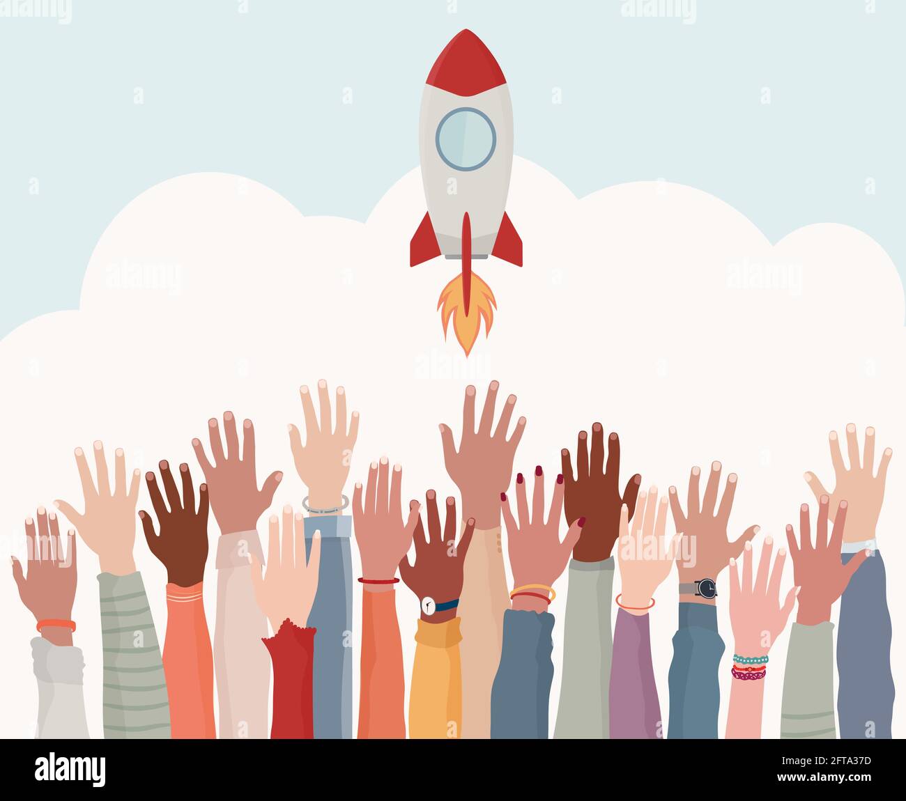Group arms and hands raised as if to reach a goal. Colleagues collaborators or co-workers of diverse cultures.Realization and financial - working Stock Vector