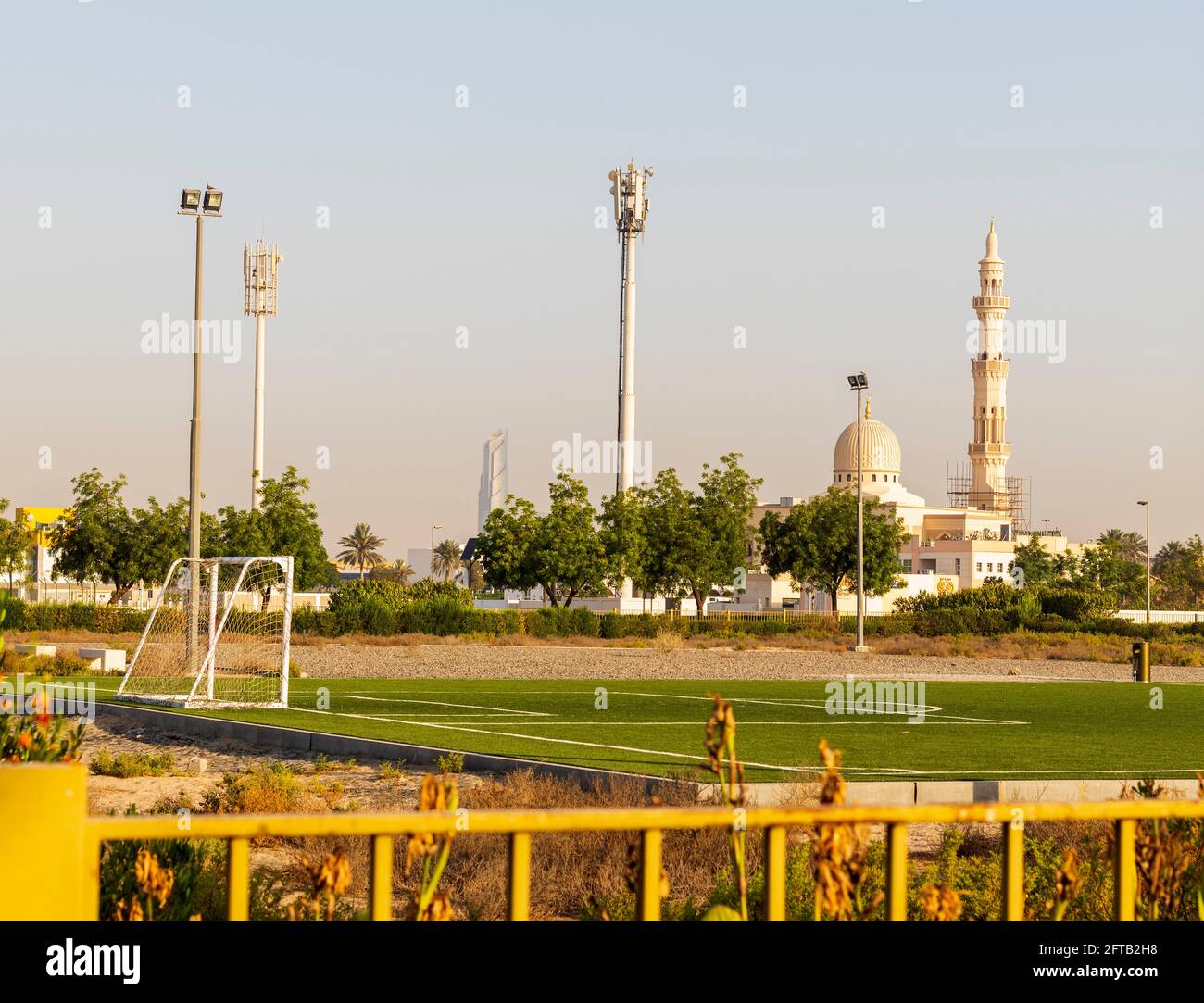 Dubai, UAE - 05.21.2021 - Football pitch in Nad Al Hamar park, early in the morning. Stock Photo