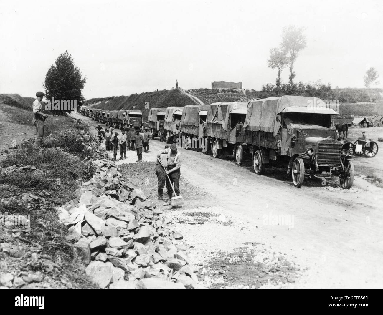 World War One, WWI, Western Front - A column of motor lorries near the Somme, France Stock Photo
