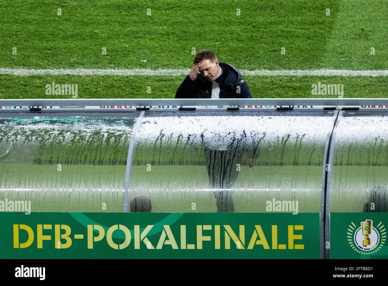 Berlin, Olympiastadion 13.05.21: Head coach Julian Nagelsmann (RB Leipzig) disappointed during the final cup match between RB Leipzig vs. Borussia Dor Stock Photo