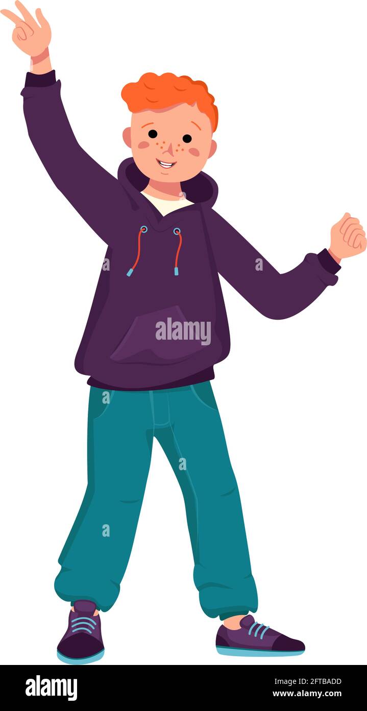 A boy with red curly hair in a jacket, jeans and sneakers smiles. Happy child is dancing. Teenager with a face in casual clothes. World International Stock Vector