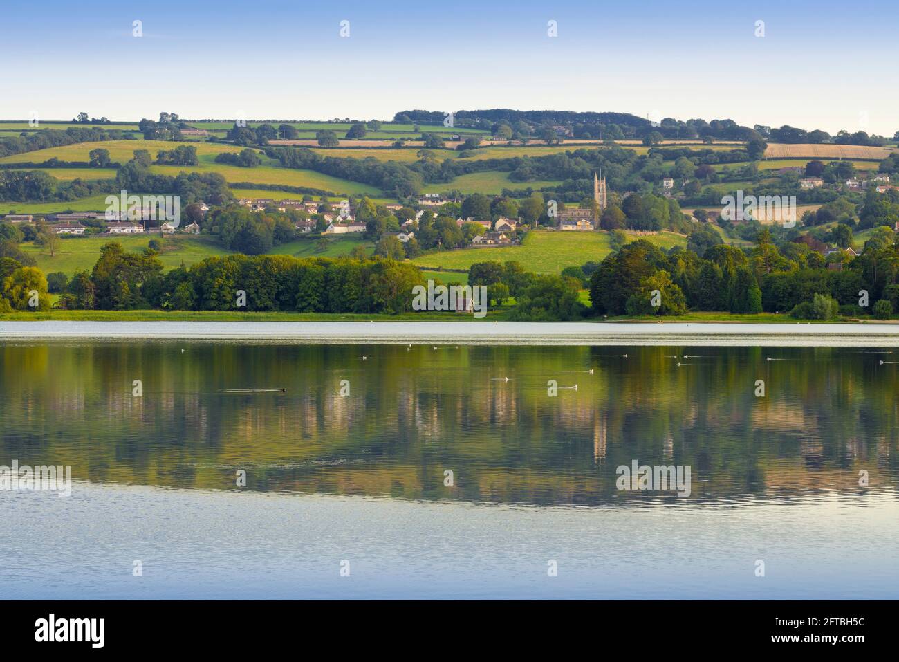 Blagdon Lake and Blagdon village in the Mendip Hills National Landscape, North Somerset, England. Stock Photo