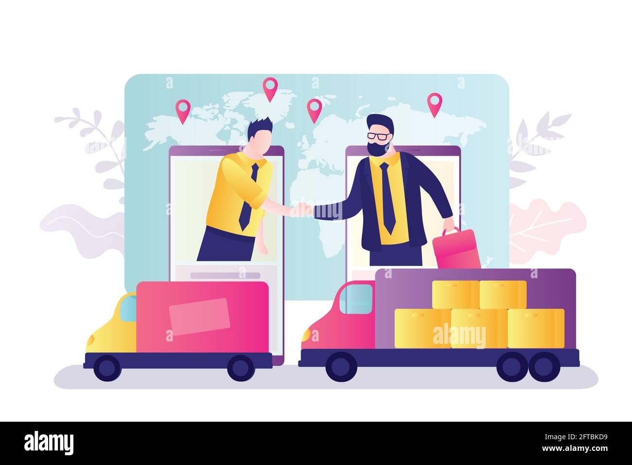 Customer and supplier shake hands on smartphone screens. Logistics, delivery of goods all over world. Globalization, modern technologies in sales, del Stock Vector