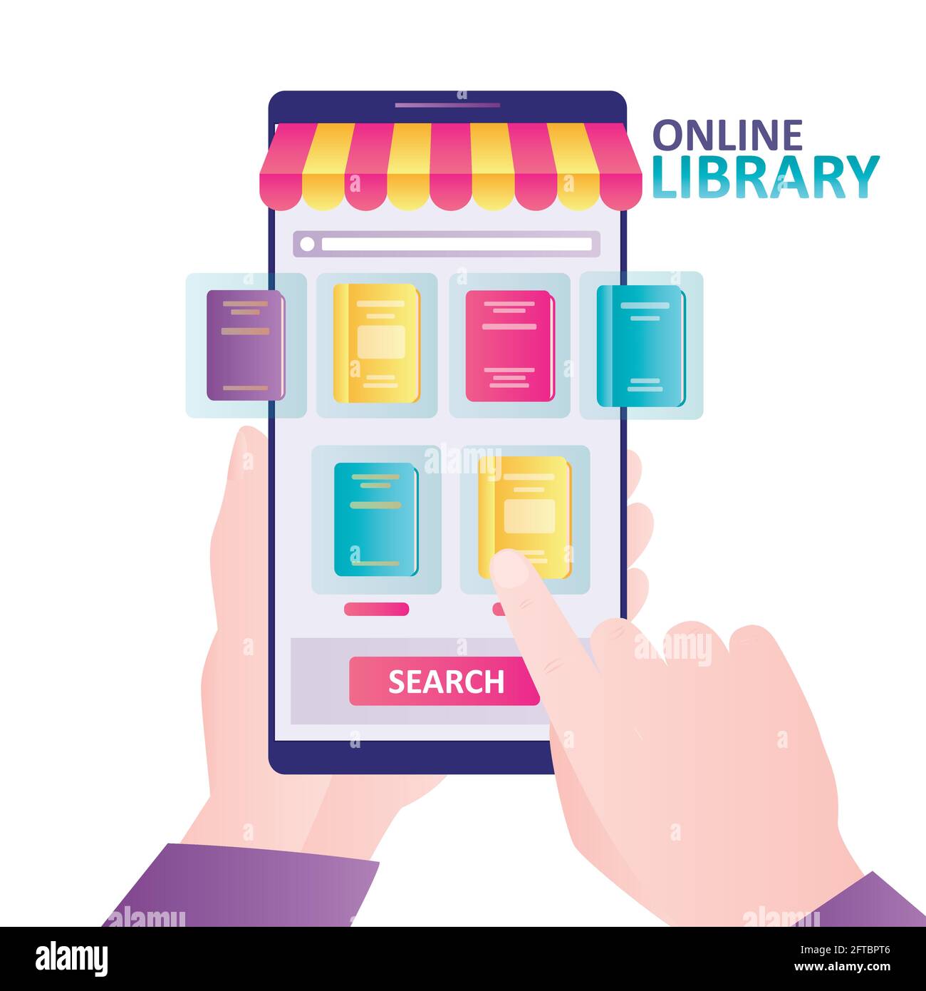 Hands holds smartphone with online library on screen. Bookstore with  various books. New technology of purchases, internet library. App for  buying, rea Stock Vector Image & Art - Alamy