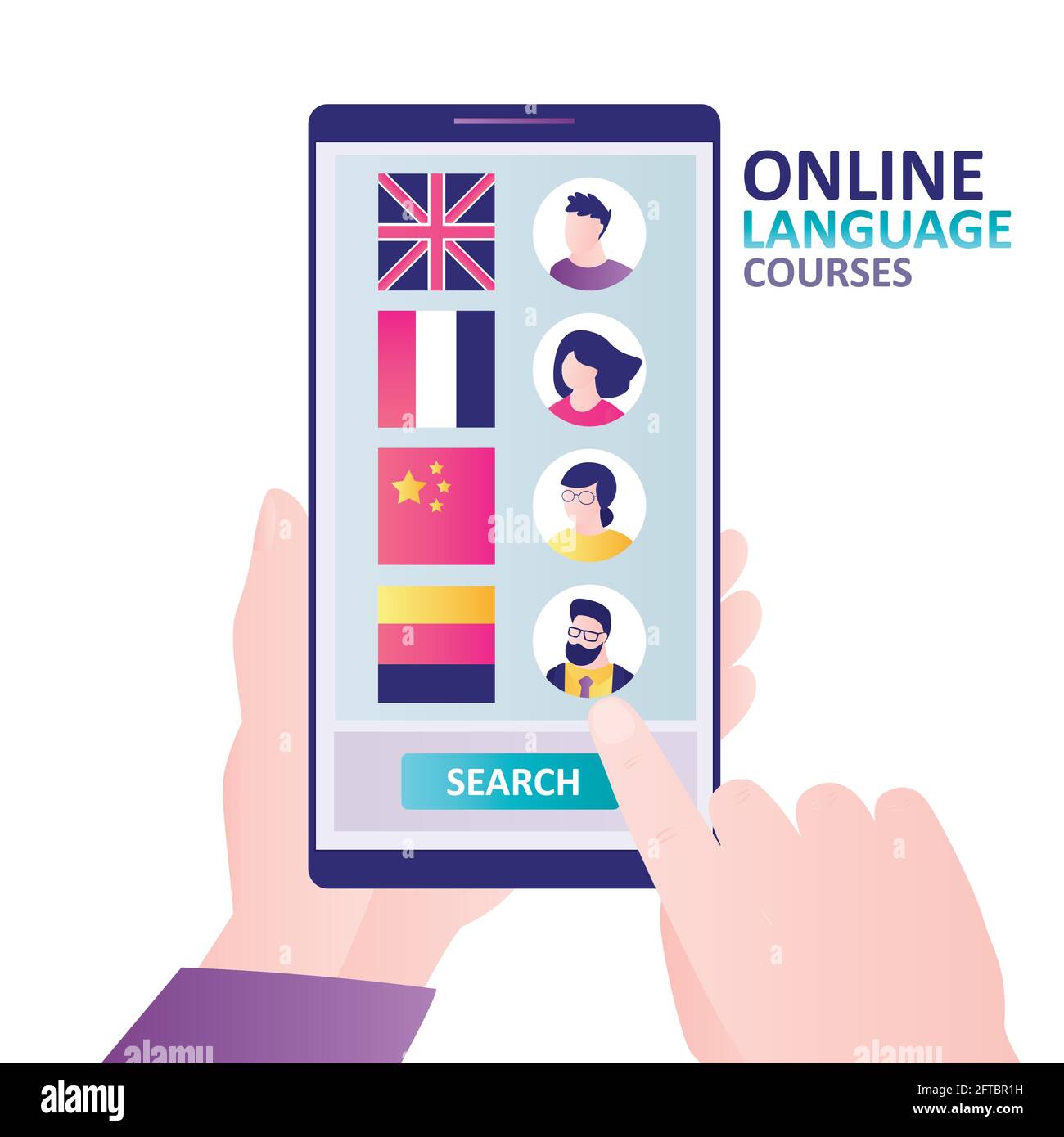 Hand holds mobile phone, selecting teacher to study language. Foreign language teachers questionnaires on screen. Online education, courses and e-lear Stock Vector