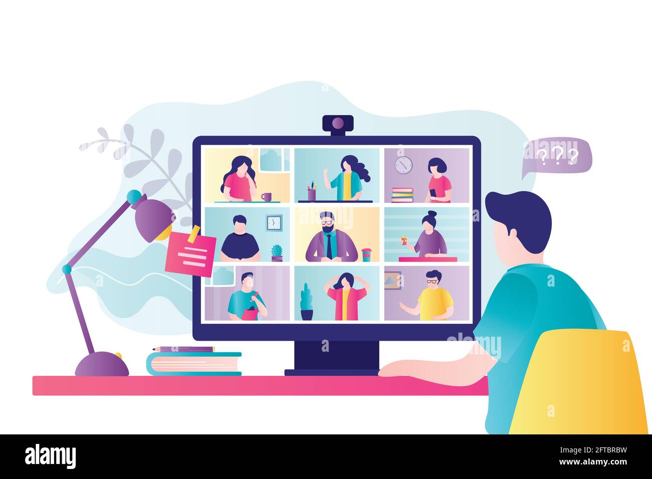 Businessman talking to people on video conference. Various humans on computer screen communicate with colleague. Concept of online meeting, webinar an Stock Vector