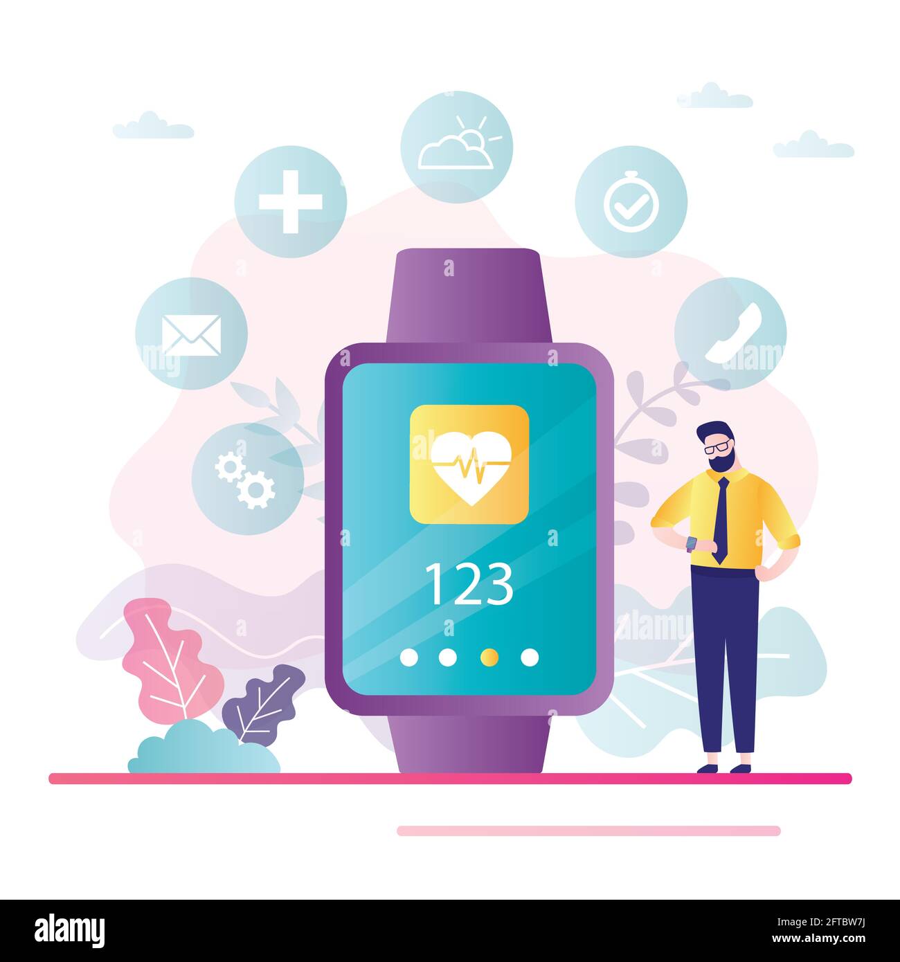 Businessman looks through notifications and messages on big smartwatch or fitness bracelet. Synchronization of watches with smartphone. Wireless techn Stock Vector