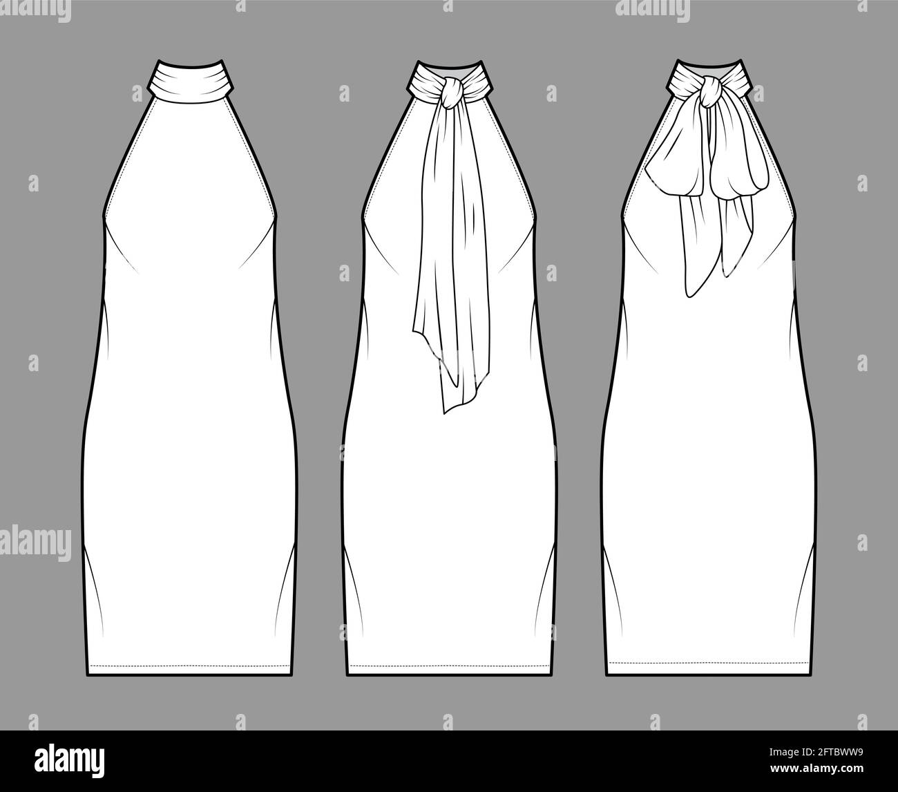 Dress neck bow technical fashion illustration with high halter neckline,  sleeveless, oversized body, knee length pencil skirt. Flat apparel front,  back, white color style. Women, men unisex CAD mockup Stock Vector Image