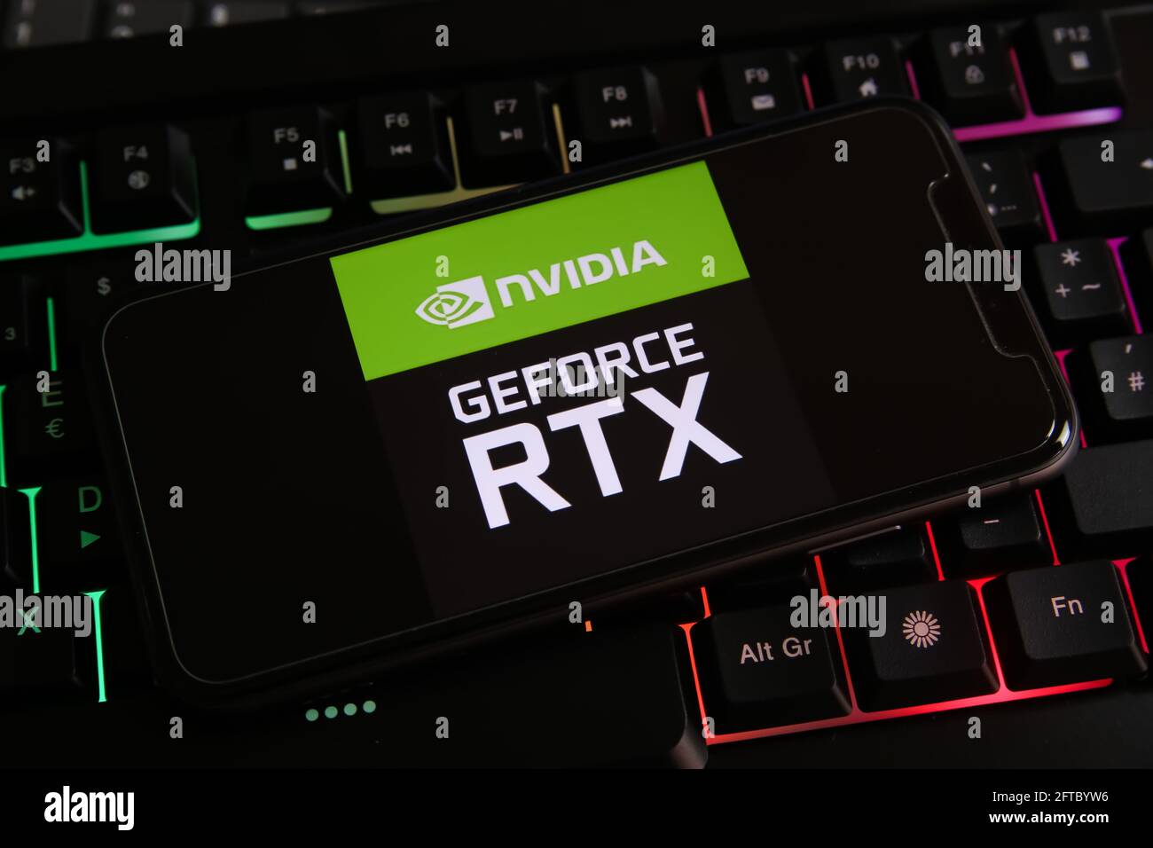 Viersen, Germany - May 9. 2021: Closeup of smartphone with logo lettering  of nvidia geforce rtx cpu on computer keyboard Stock Photo - Alamy