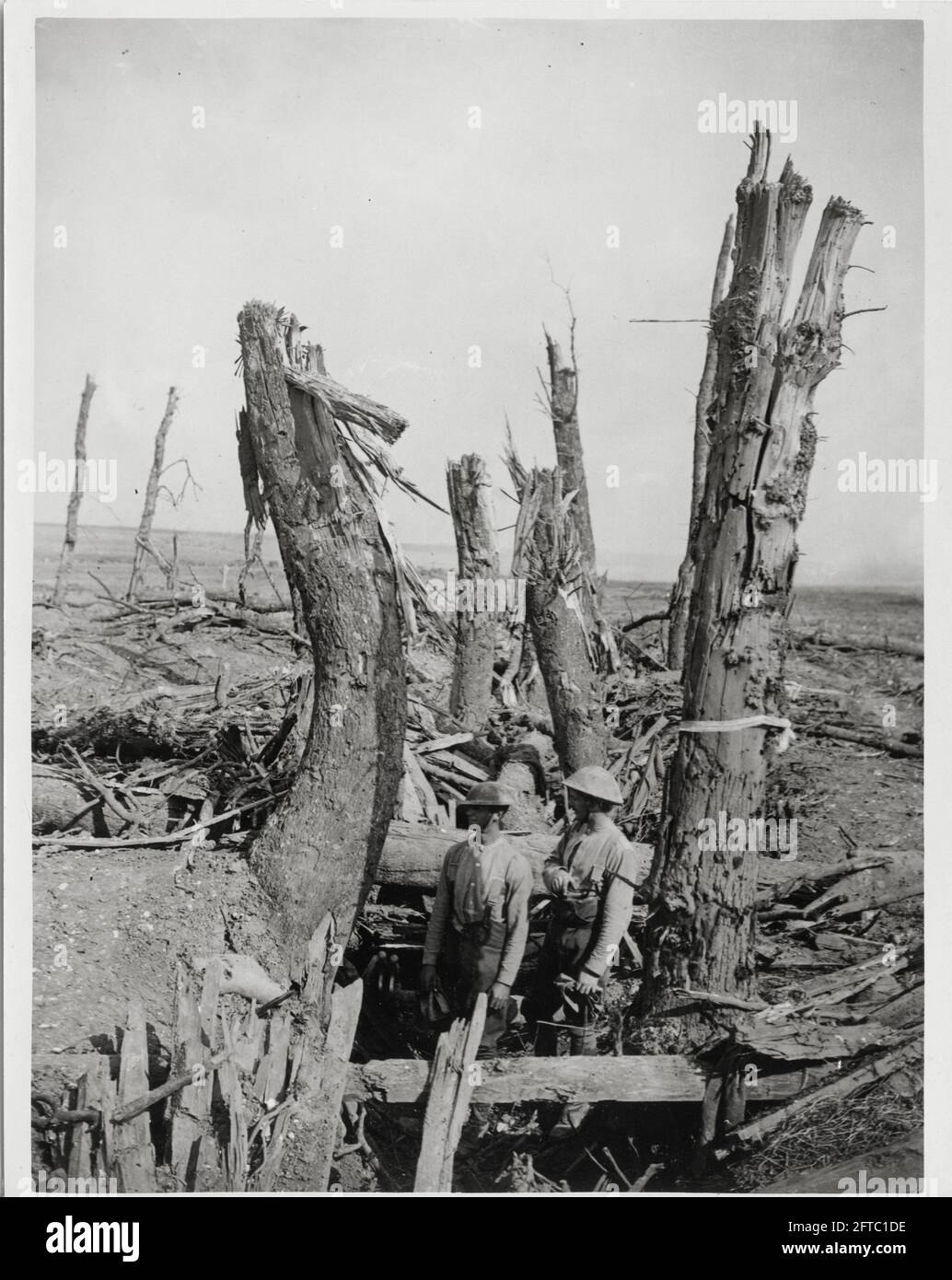 World War One, WWI, Western Front - Men in a ruined German trench at Morval, Pas-de-Calais, Hauts-de-France, France Stock Photo