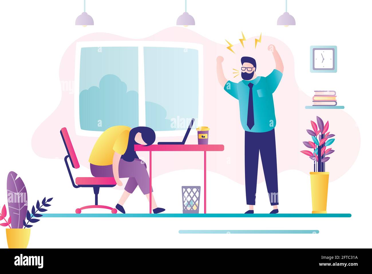 Female character tired at workplace. Disgruntled boss yells at subordinate. Depressed mood, professional burnout and big emotional stress. Overworking Stock Vector