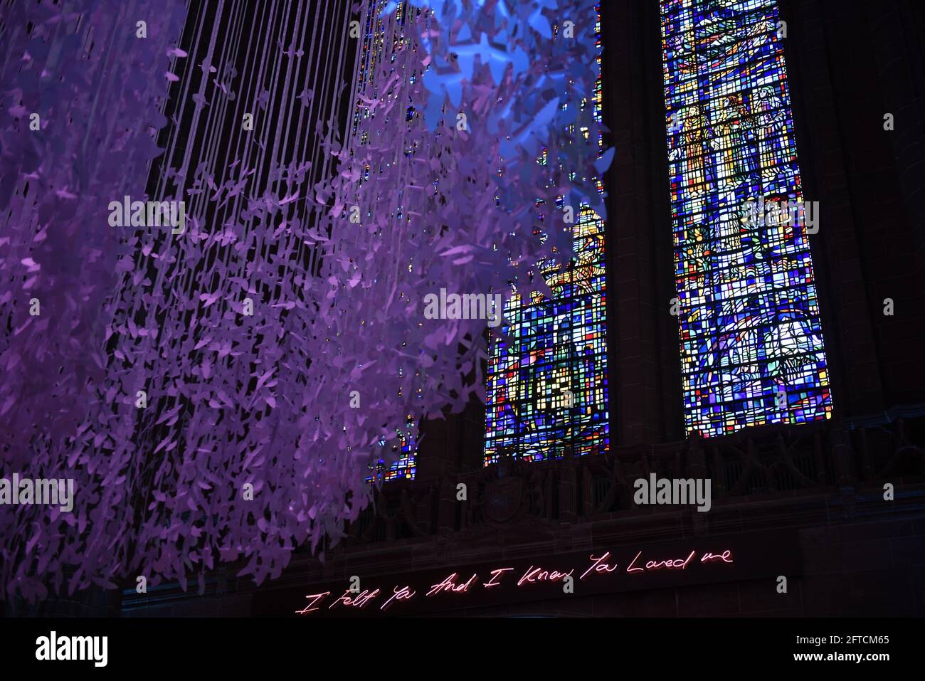 Art installation Peace Doves at the Anglican Cathedral, Liverpool. On display at from 21 May until 31 August 2021 it is a large scale piece by interna Stock Photo