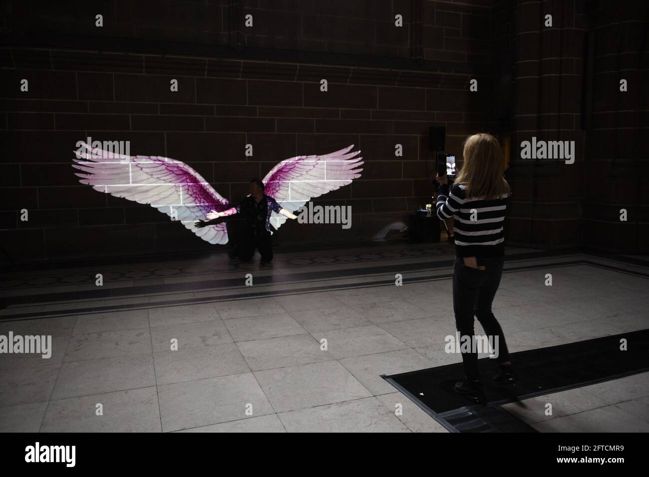 Angel Wings moving light projection, created by Luxmuralis. On display at the Anglican Cathedral, Liverpool from 21 May until 31 August 2021. Stock Photo