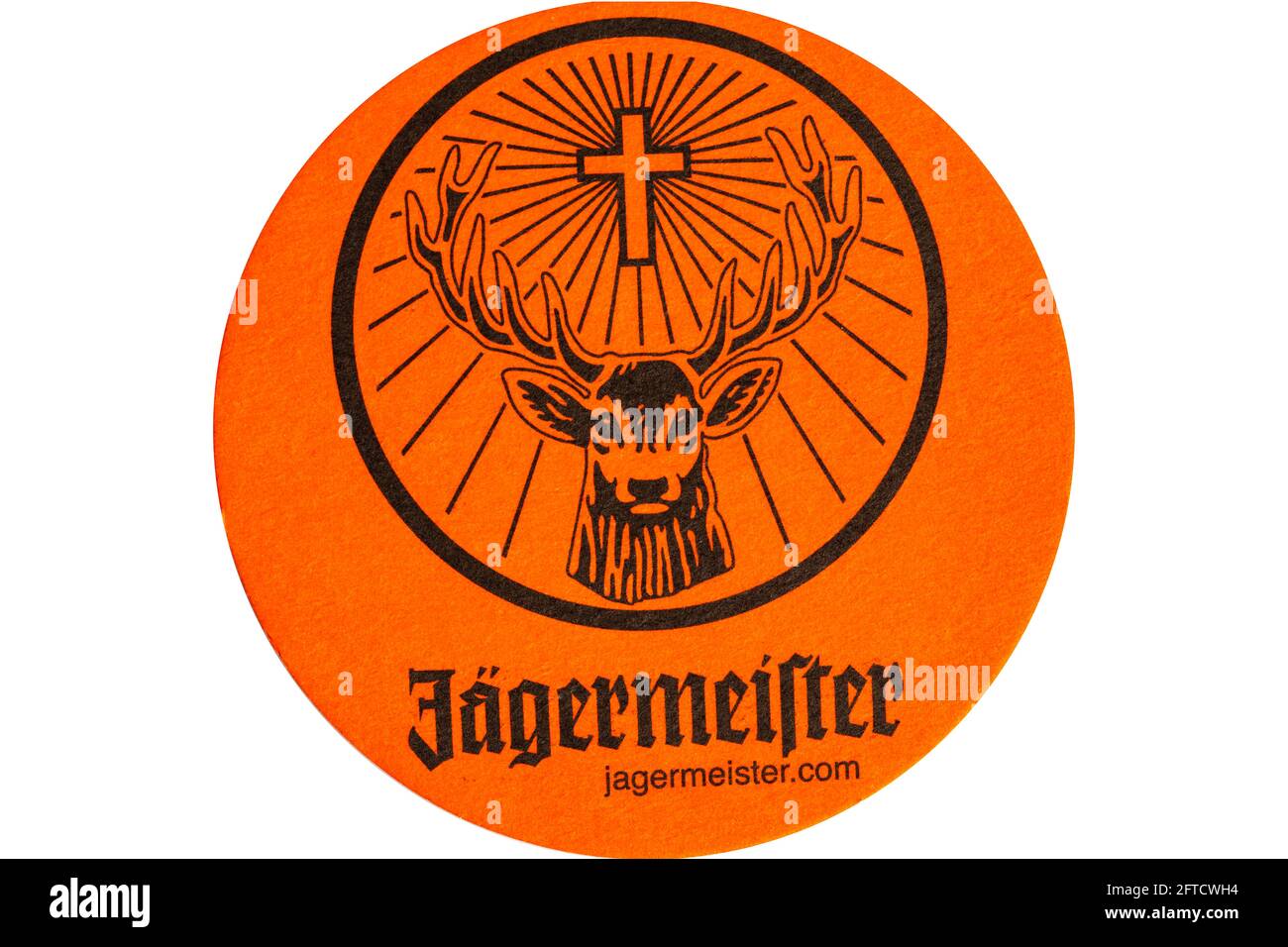 Jagermeister German brewery Beermat, cut out on white. Stock Photo