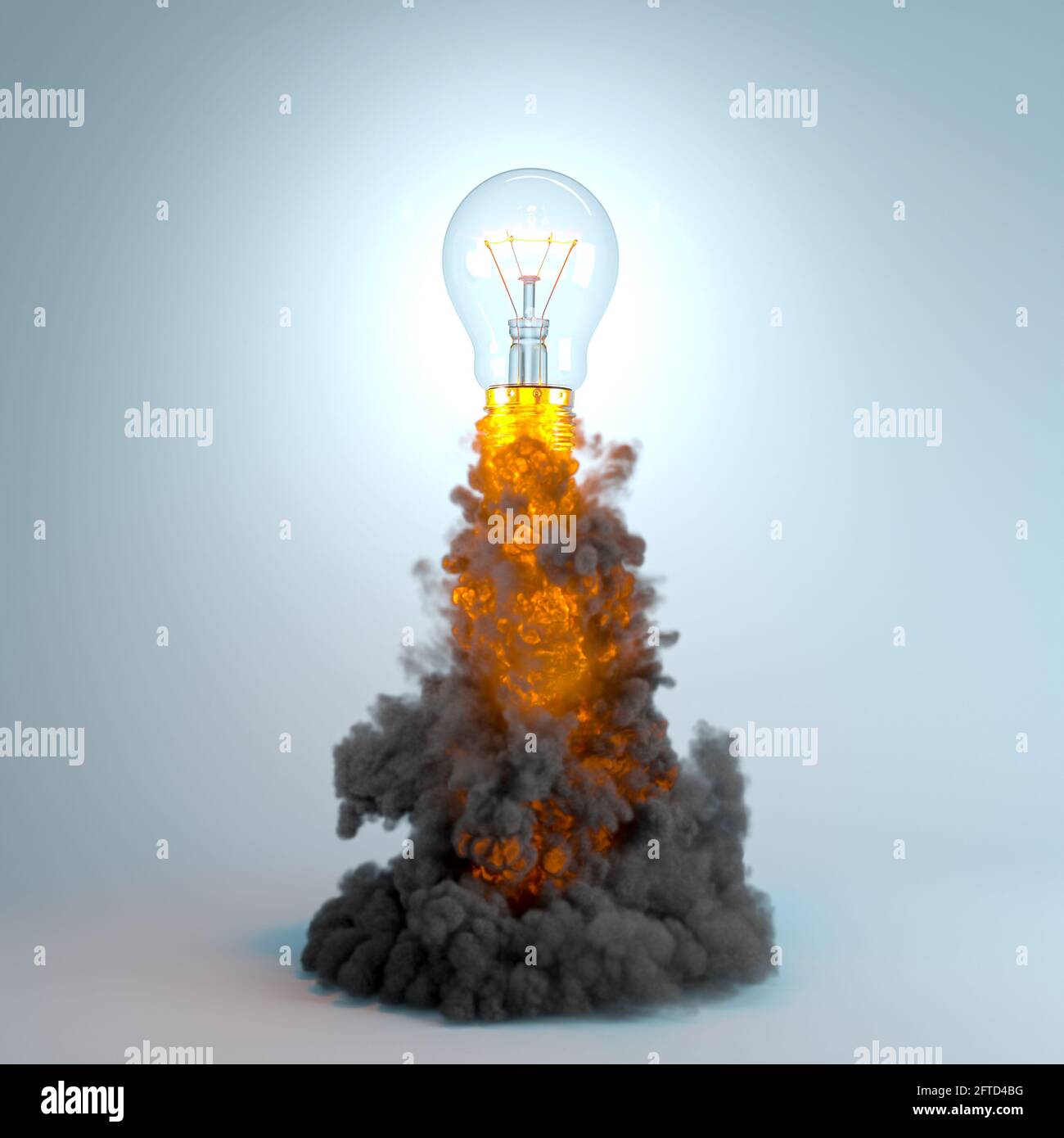light bulb flying with smoke and flames, concept of innovation and creativity. 3d render. Stock Photo