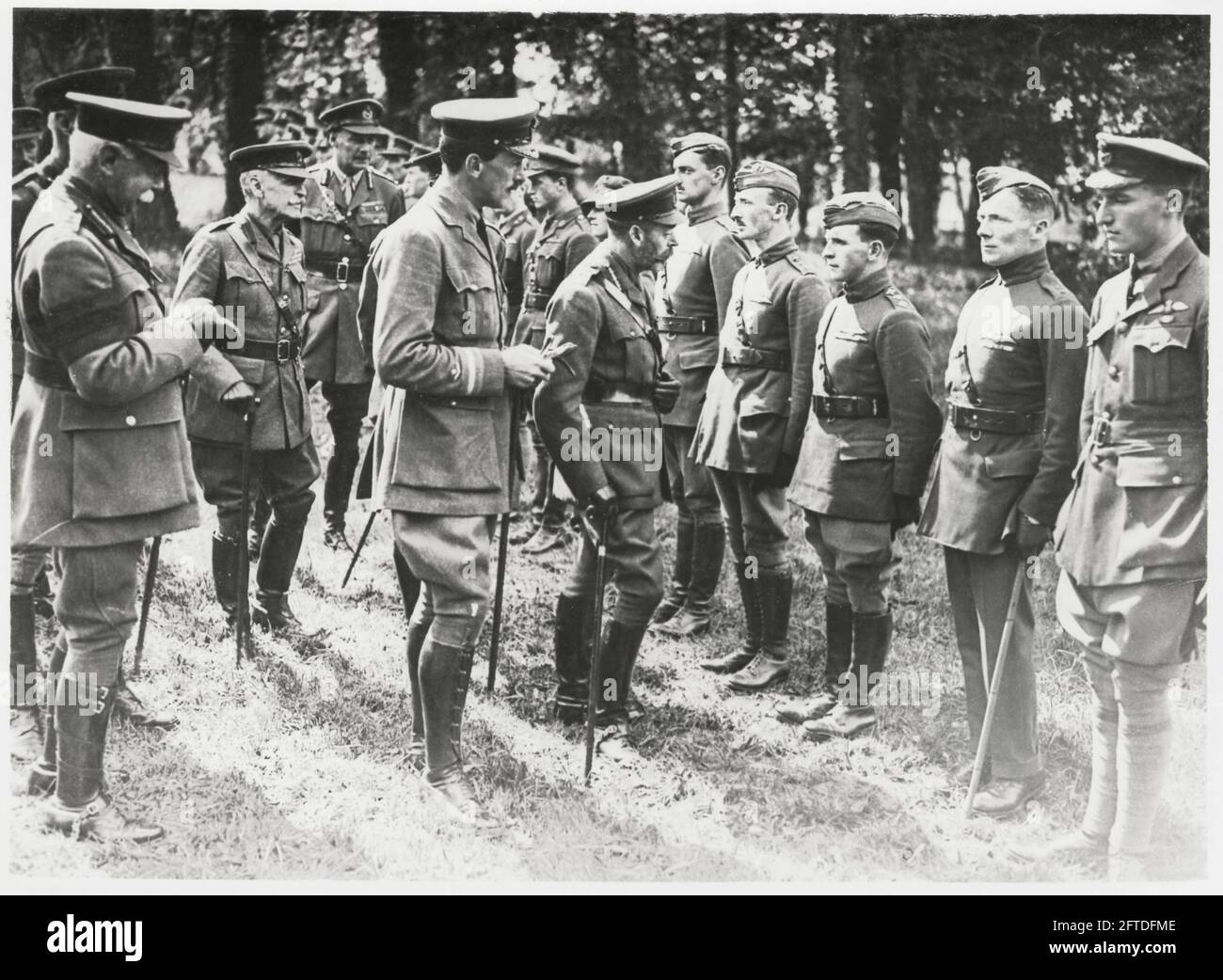 World War One, WWI, Western Front -  His Majesty King George V inspecting RAF pilots, General Plumer attending Stock Photo