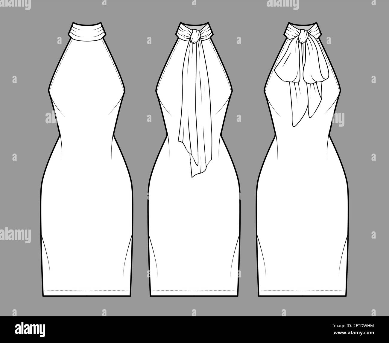 Dress neck bow technical fashion illustration with high halter neckline,  sleeveless, fitted body, knee length pencil skirt. Flat apparel front,  back, white color style. Women, men unisex CAD mockup Stock Vector Image