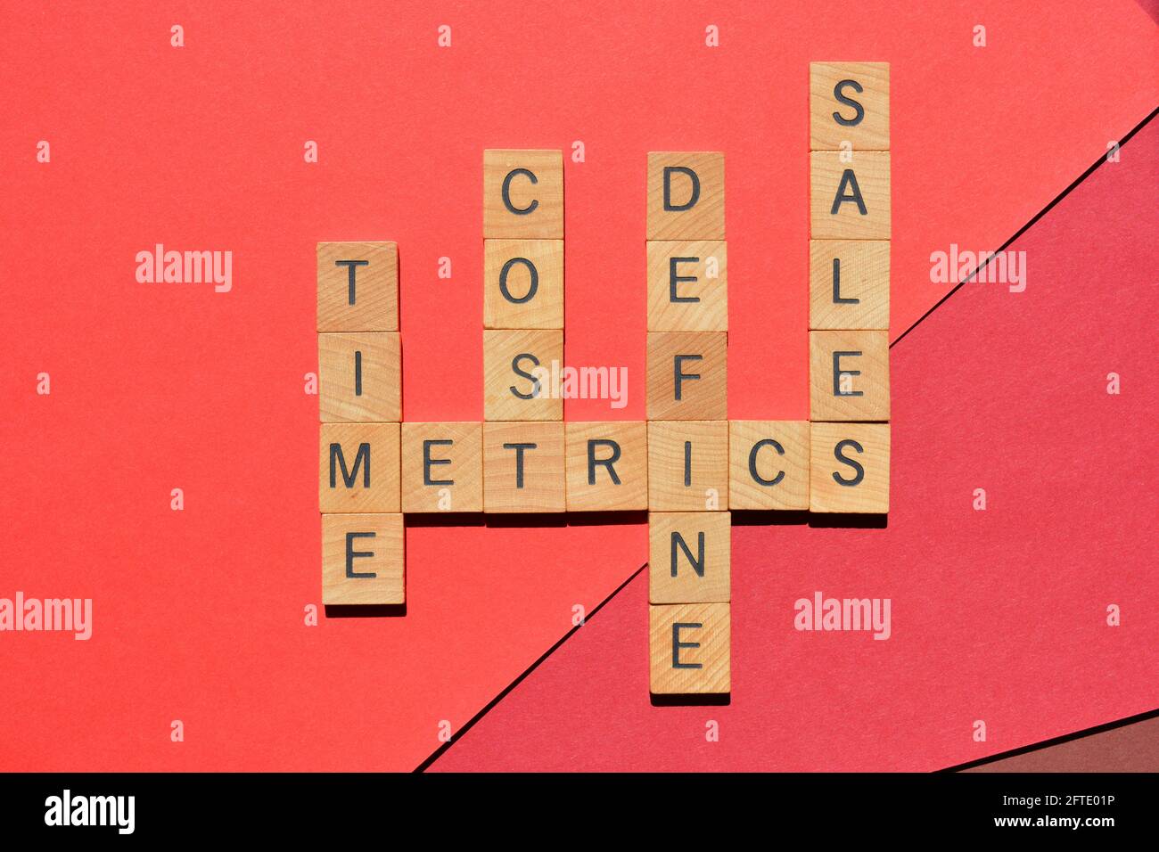 Metrics, time, cost, define, sales, words in wooden alphabet letters in