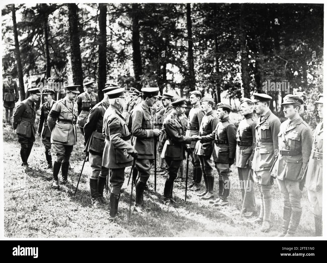 World War One, WWI, Western Front - His Majesty King George V inspecting RAF pilots on a visit to France with General Plumer in the foreground Stock Photo