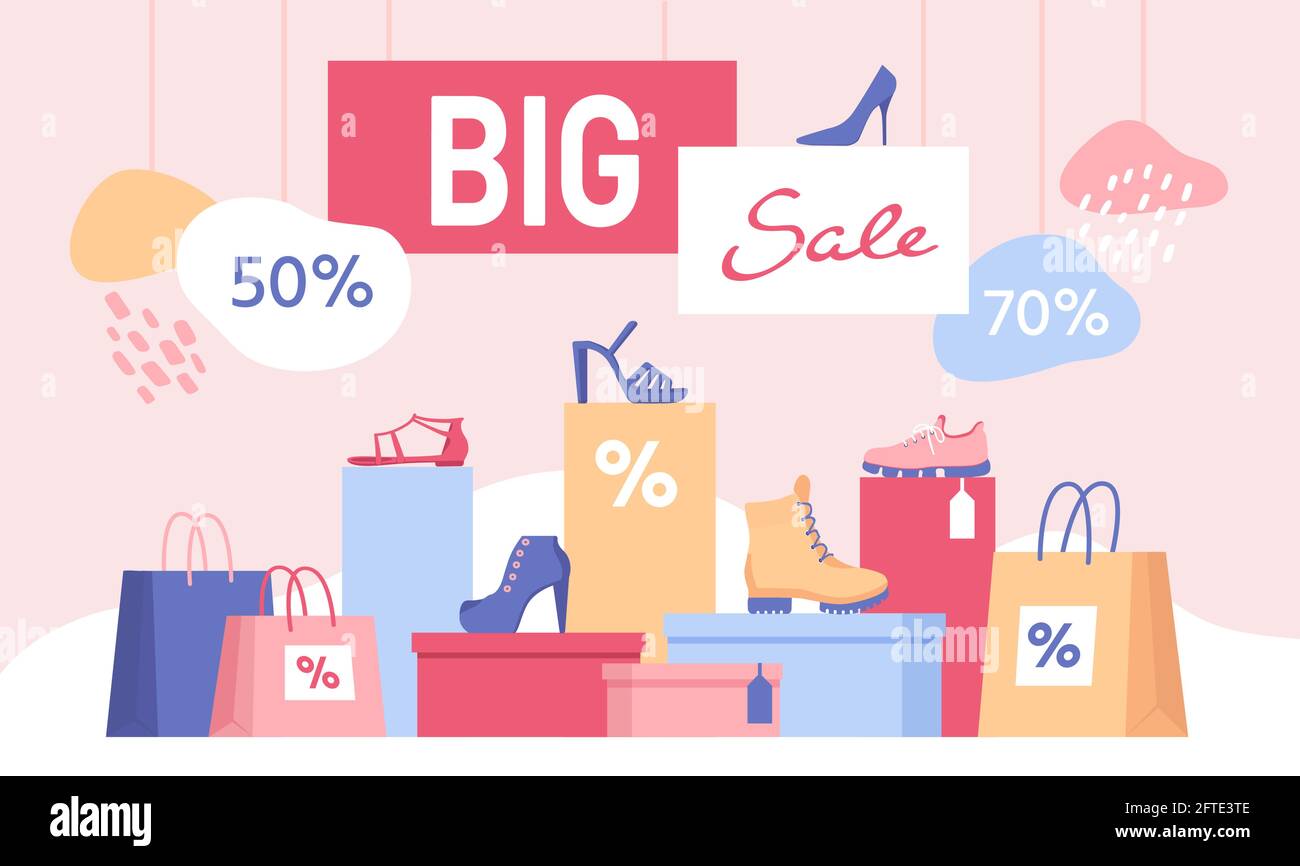 Shoe discount. Big sale banner with shopping bags and women