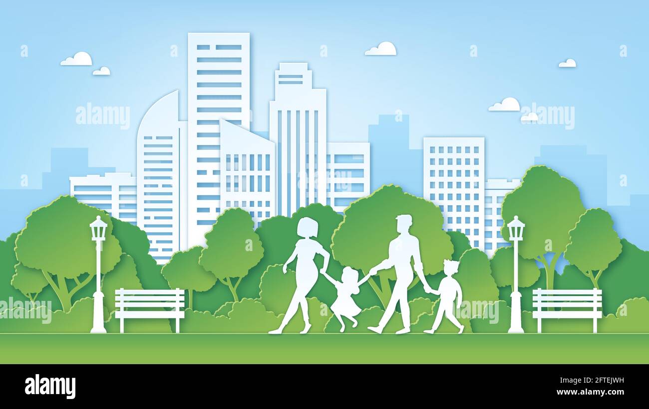 Paper art family in park. Green city environment with trees. Parents and kids walk outdoor. Paper cut clean nature landscape vector concept Stock Vector