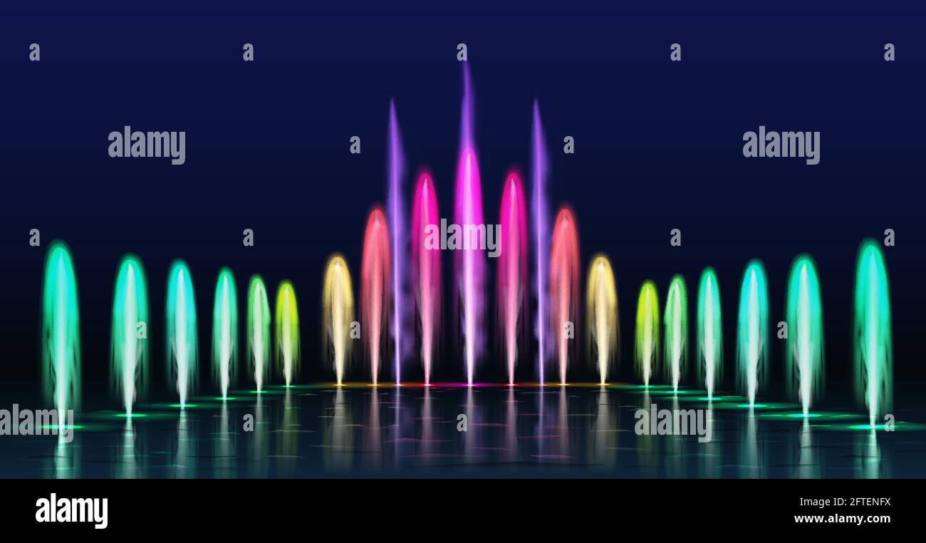 Fountains show. Realistic colored dancing water jets in night. Fountain cascade with lights for park decoration, 3d aqua sprays vector set Stock Vector