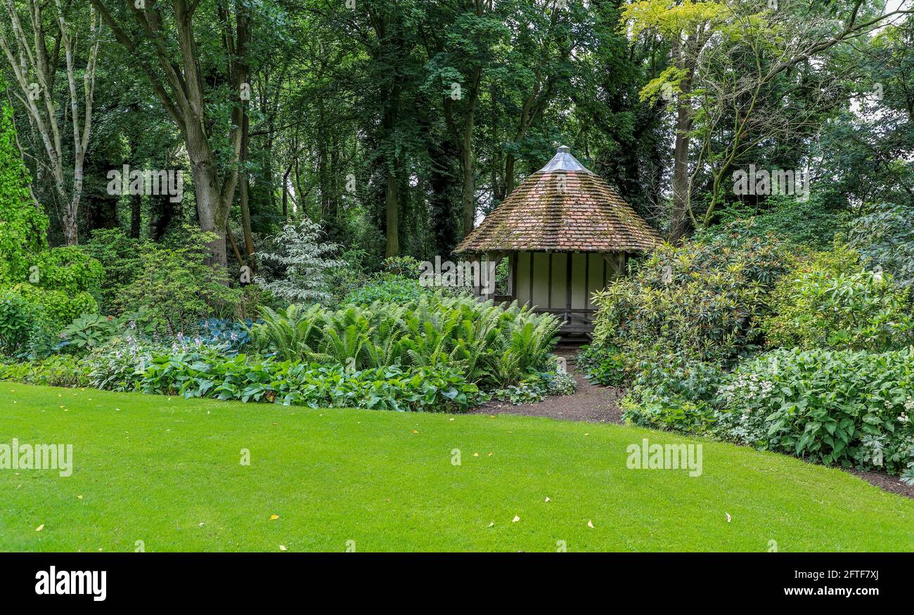 A summer house, Foggy Bottom at Bressingham Steam & Bressingham Gardens, a steam museum and gardens located at Bressingham, Diss, Norfolk, England, UK Stock Photo