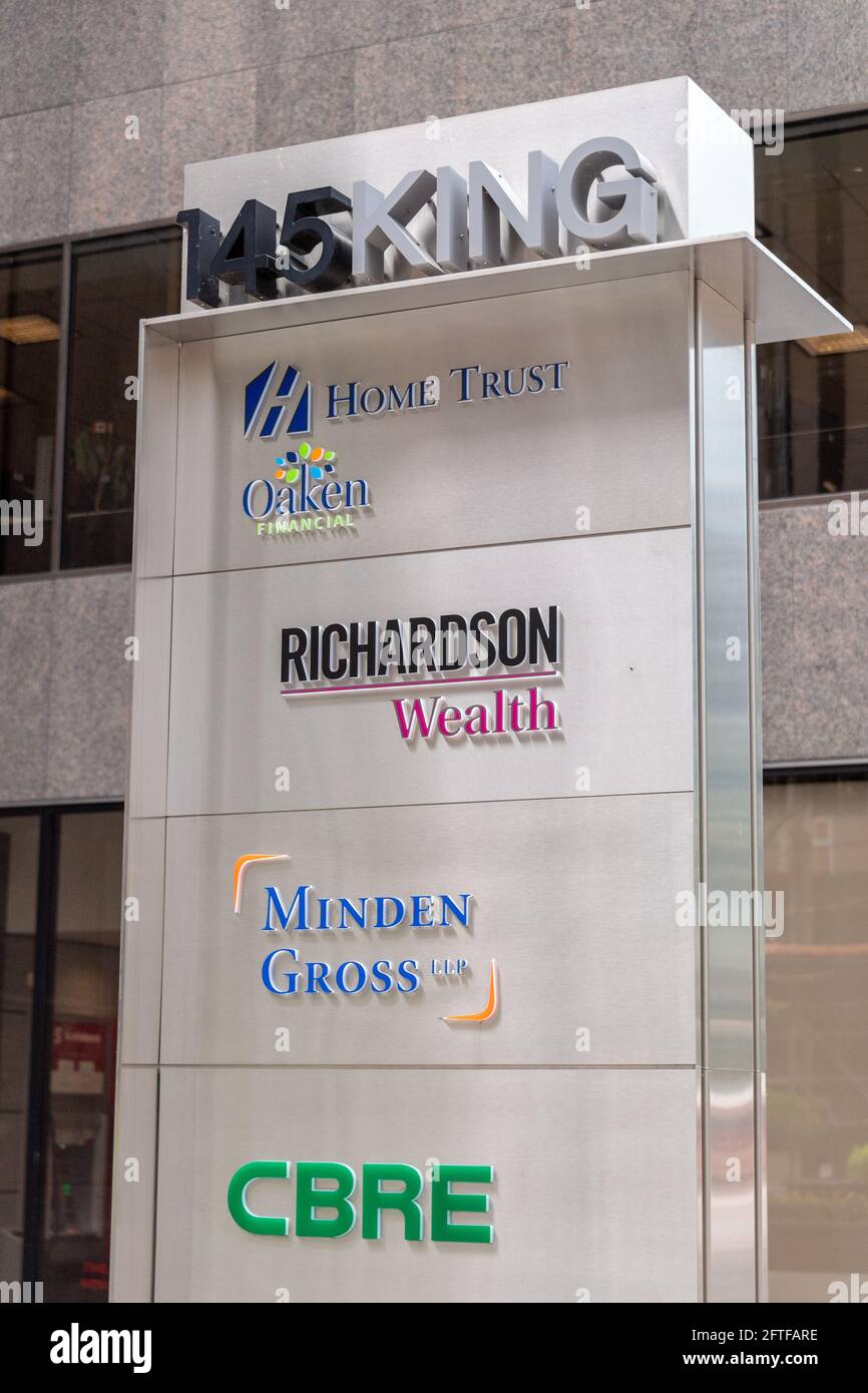 Businesses located in 145 King Street  in Toronto, Canada. They include Home Trust, Oaken, Richardson Wealth, Minden Gross, and CBRE Stock Photo