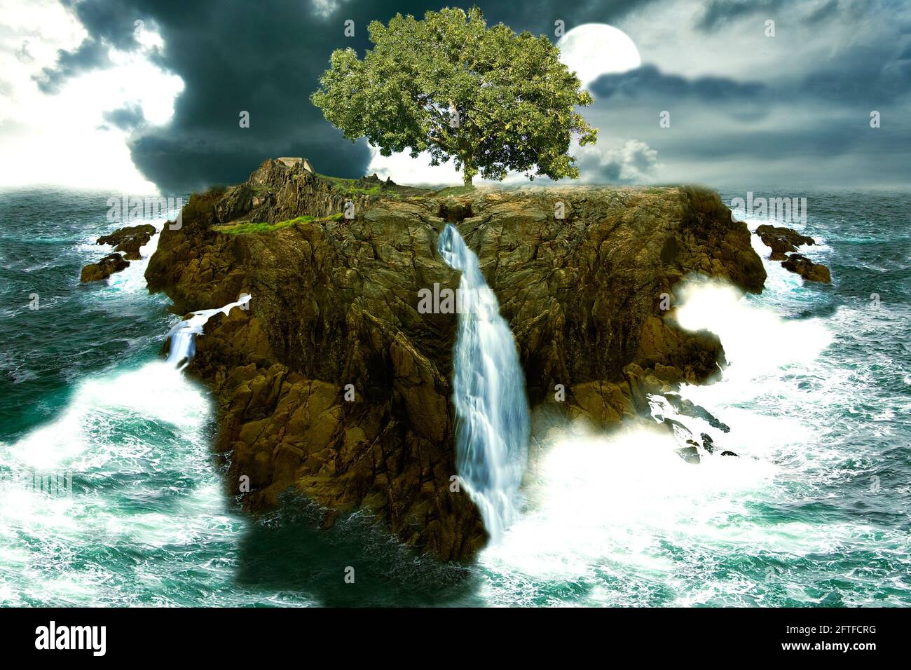 tree island in the ocean with waterfalls Stock Photo - Alamy