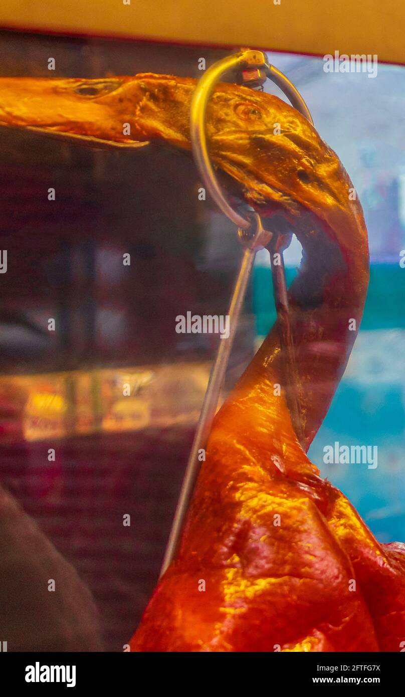 Disgusting unfamiliar Thai food ducks chicken behind window street food ...
