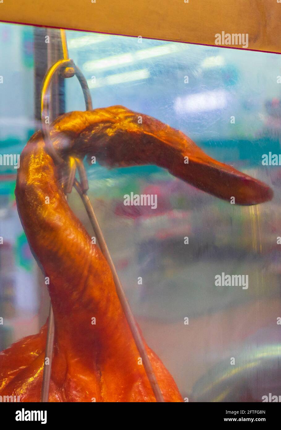 Disgusting unfamiliar Thai food ducks chicken behind window street food ...