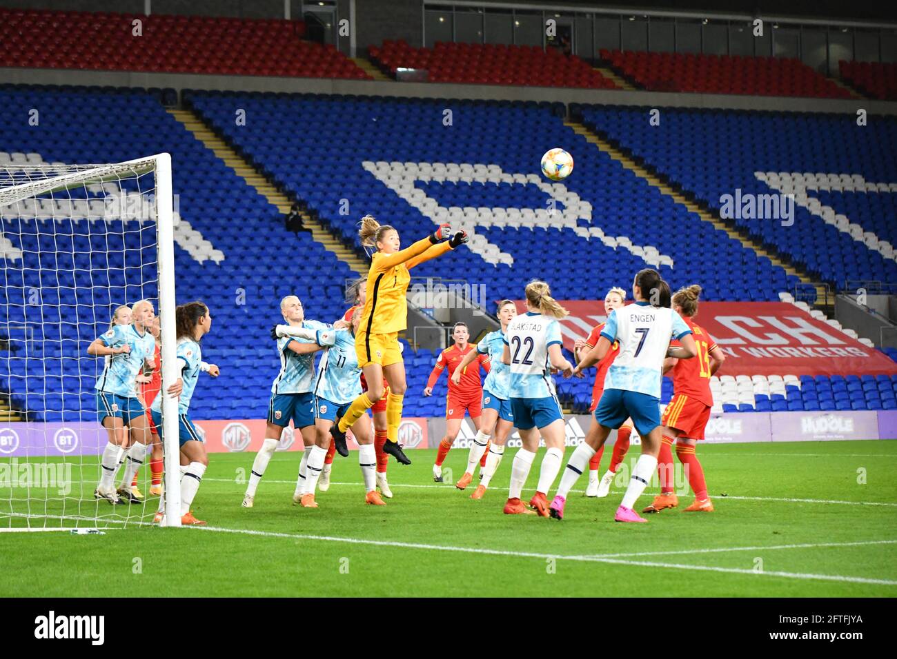 Cardiff, Wales. 27 October, 2020. Goalkeeper Cecilie Fiskerstrand of Norway Women punches the ball clear during the UEFA Women's European Championship 2020 Qualifying Group C match between Wales Women and Norway Women at the Cardiff City Stadium in Cardiff, Wales, UK on 27, October 2020. Credit: Duncan Thomas/Majestic Media. Stock Photo