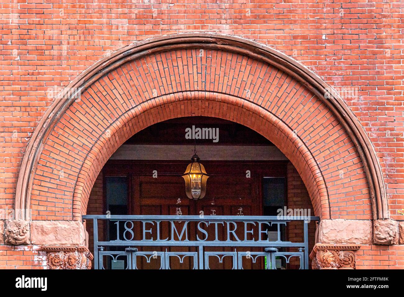 Colonial style architecture detail of the 18 Elm Street building which is a famous place in Toronto, Canada Stock Photo