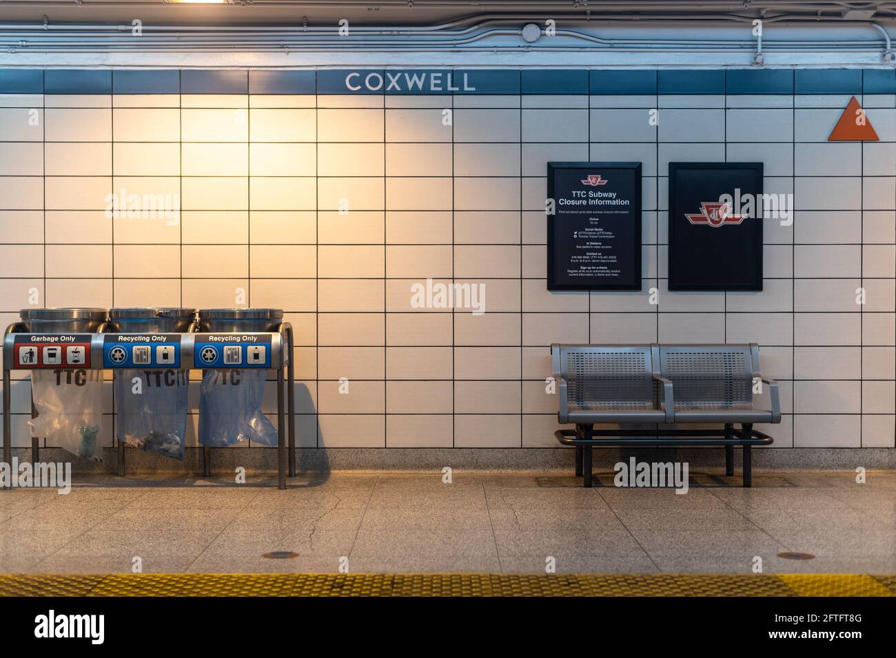Coxwell subway station platform in Line 2 of the Toronto Transit Commission public transportation system, Canada Stock Photo