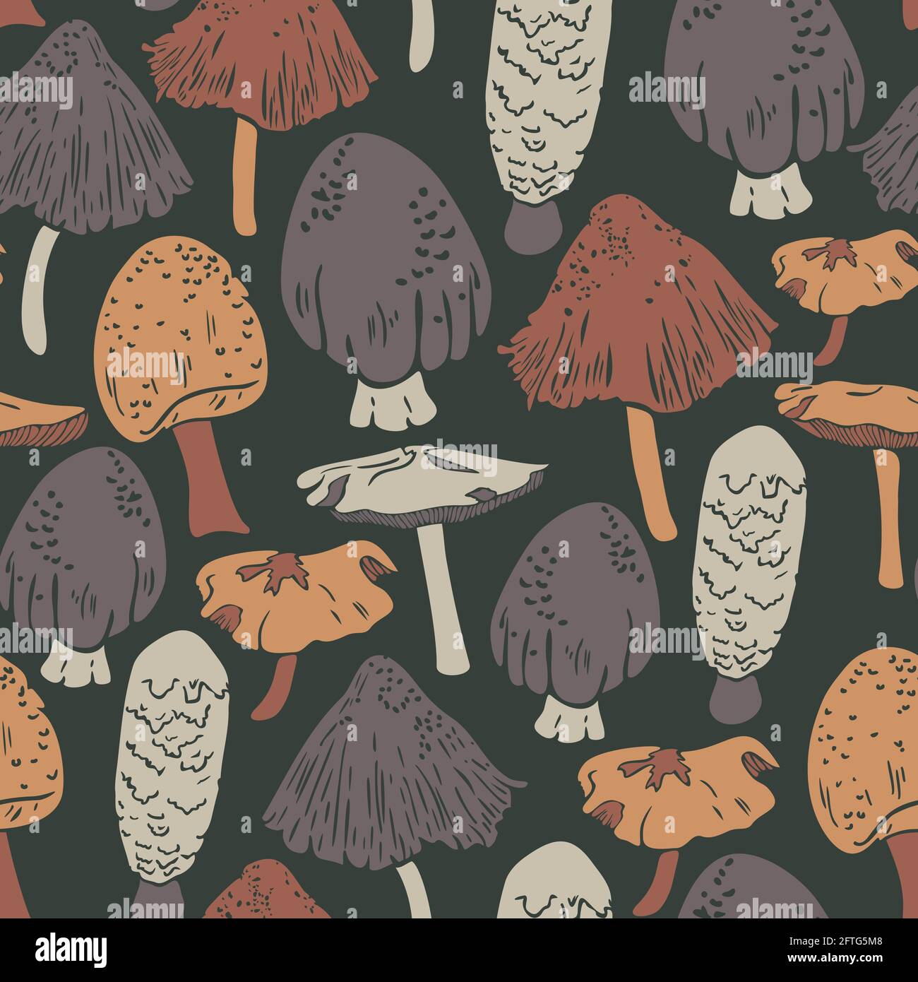 Vector seamless pattern with various mushrooms on dark background. Grey and orange decorative mushrooms. Stock Vector