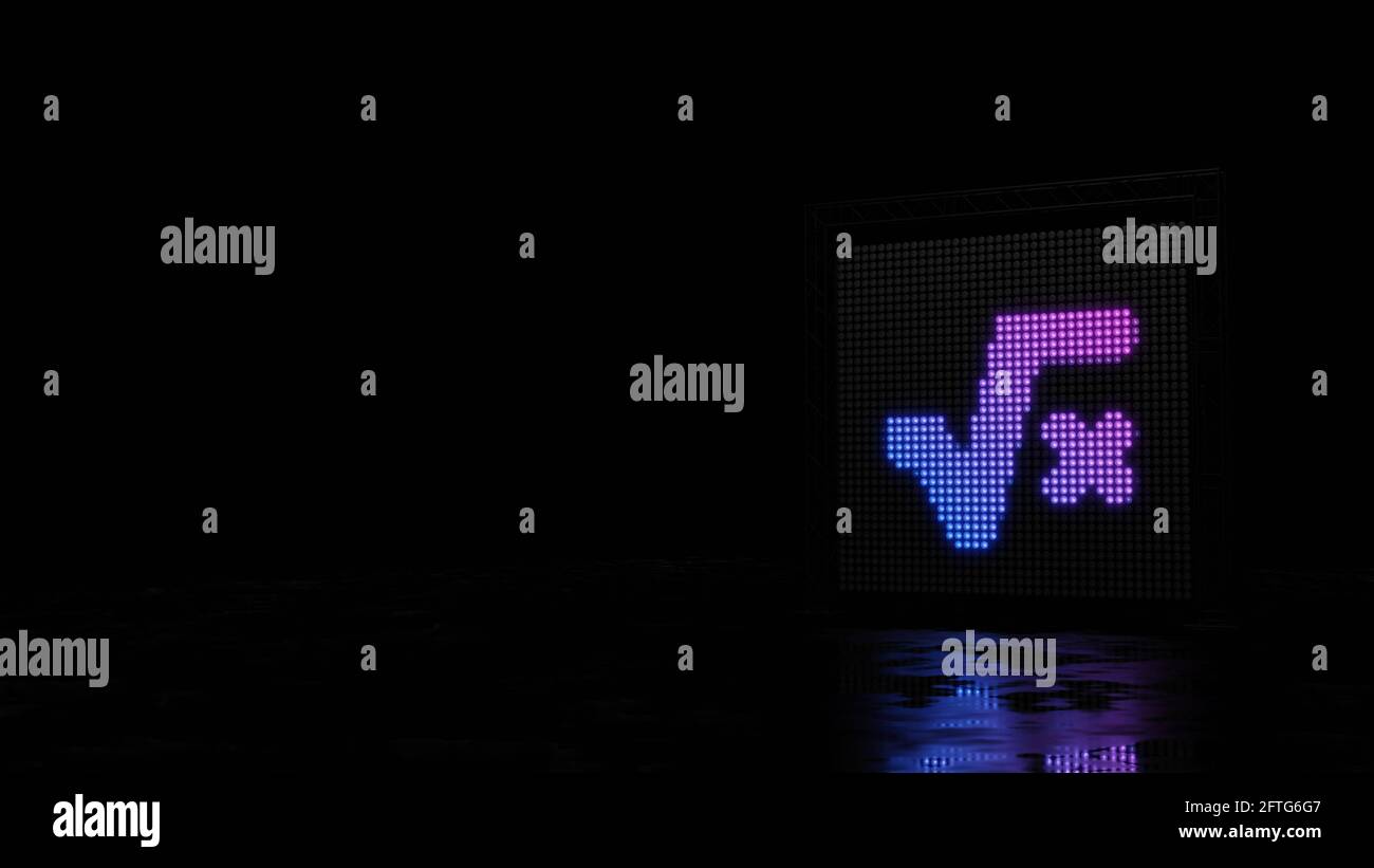 3d rendering light wall with blue violet spots shaped as symbol of root and letter x on black background with wet floor reflection Stock Photo