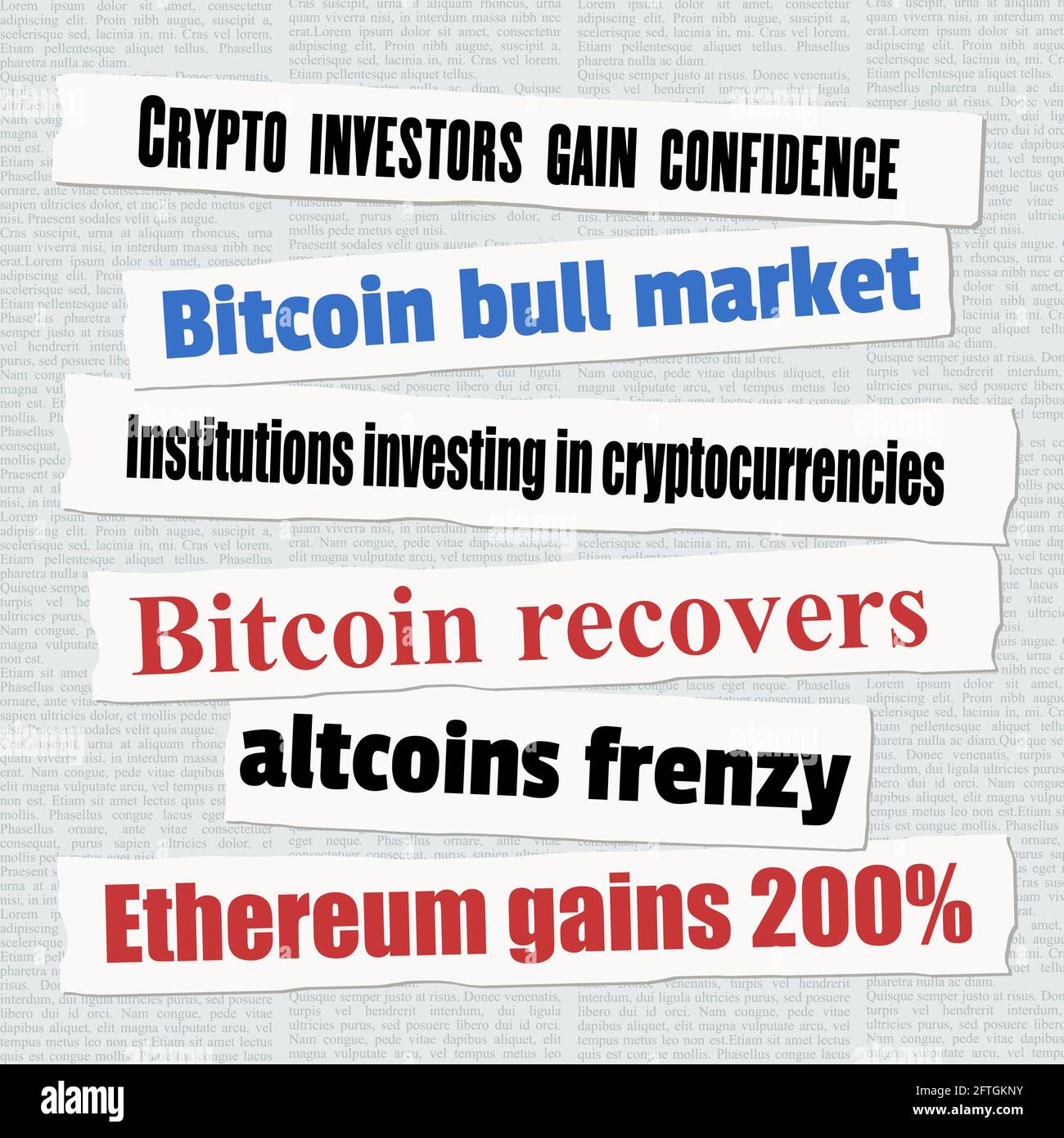 Bitcoin and crypto investor news. Investing in cryptocurrencies: market news headlines. Financial concept vector. Stock Vector