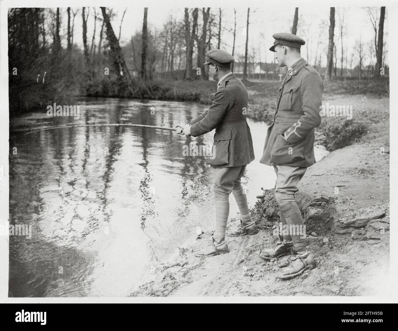 World War One, WWI, Western Front - Cavalry officers rest and fish Stock Photo