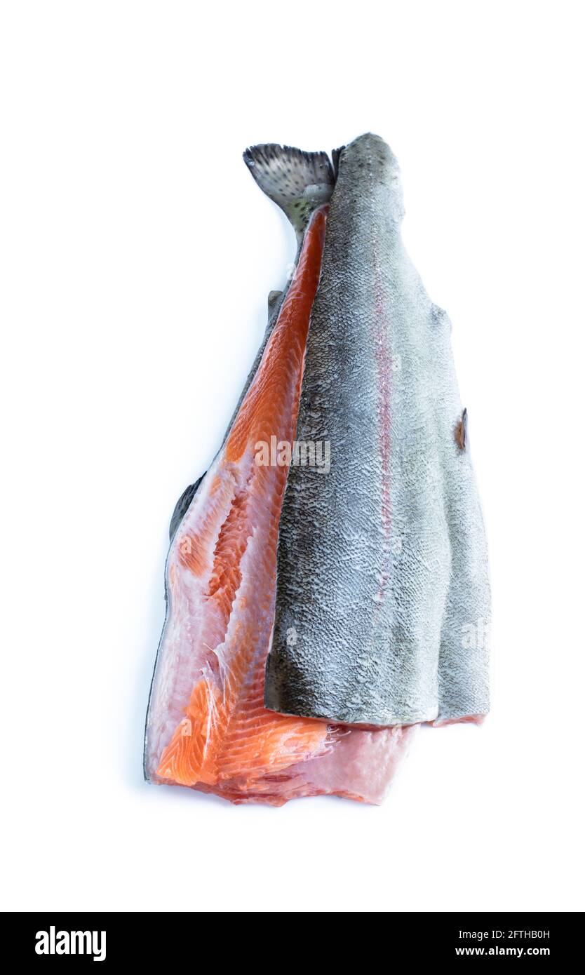 Trout fillet and half with bones isolated on white background Stock