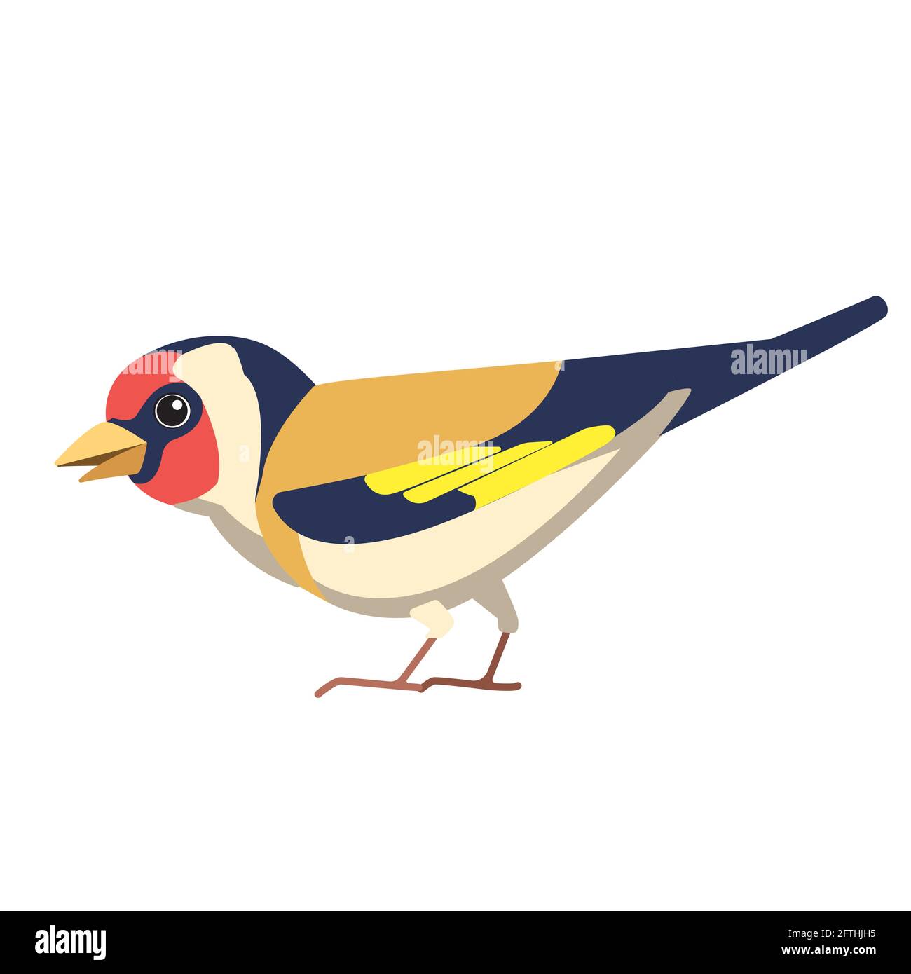 European goldfinch is a small passerine bird in the finch family. British Finches Bird cartoon flat style beautiful character of ornithology, vector Stock Vector