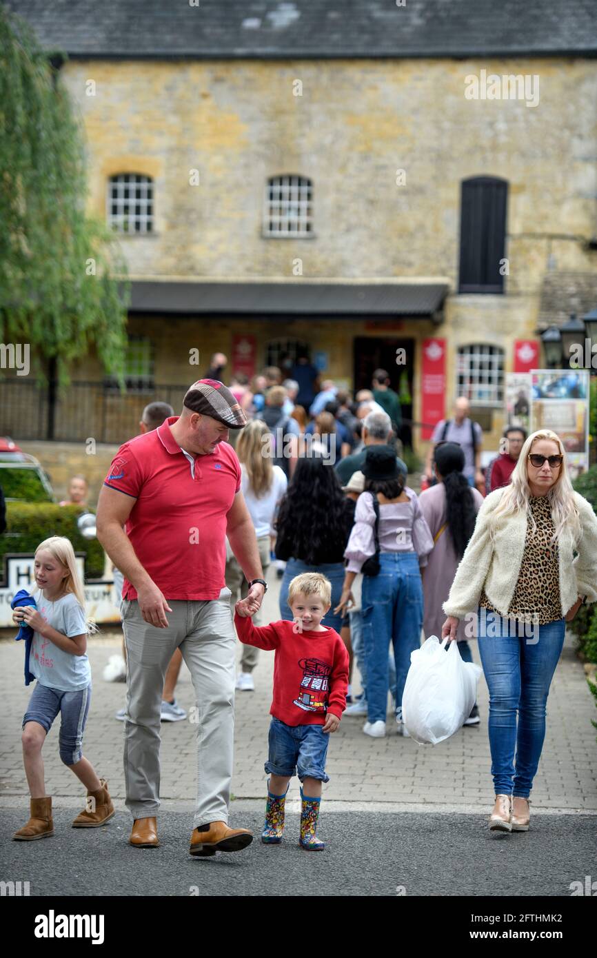 Crowds at the Cotswold Motoring Museum in the village of Bourton-on-the-Water which is experiencing unprecedented visitor numbers during the Coronavir Stock Photo