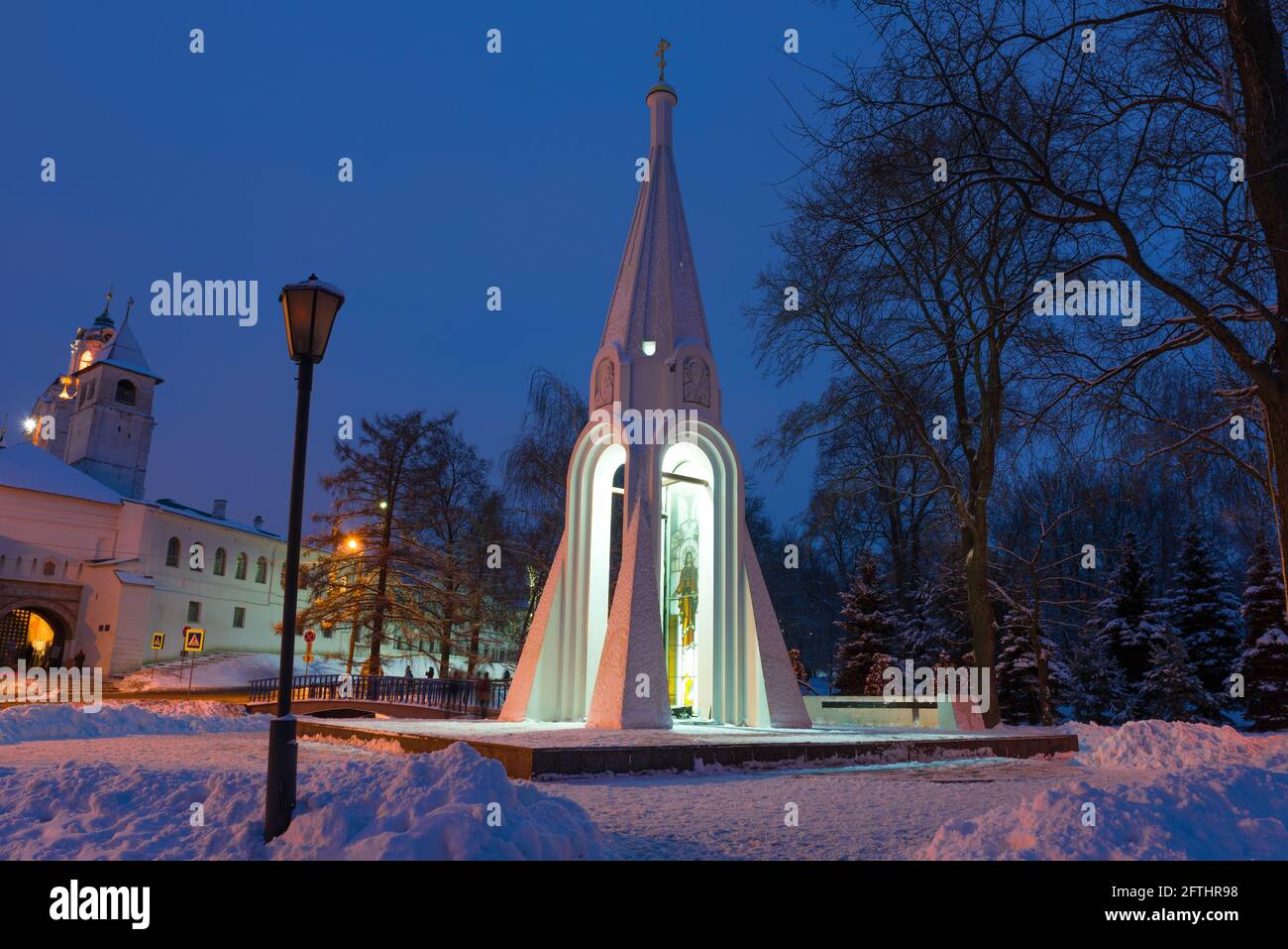 YAROSLAVL, RUSSIA - JANUARY 05, 2021: Chapel of the Kazan Icon of the Mother of God on January night. Golden Ring of Russia Stock Photo