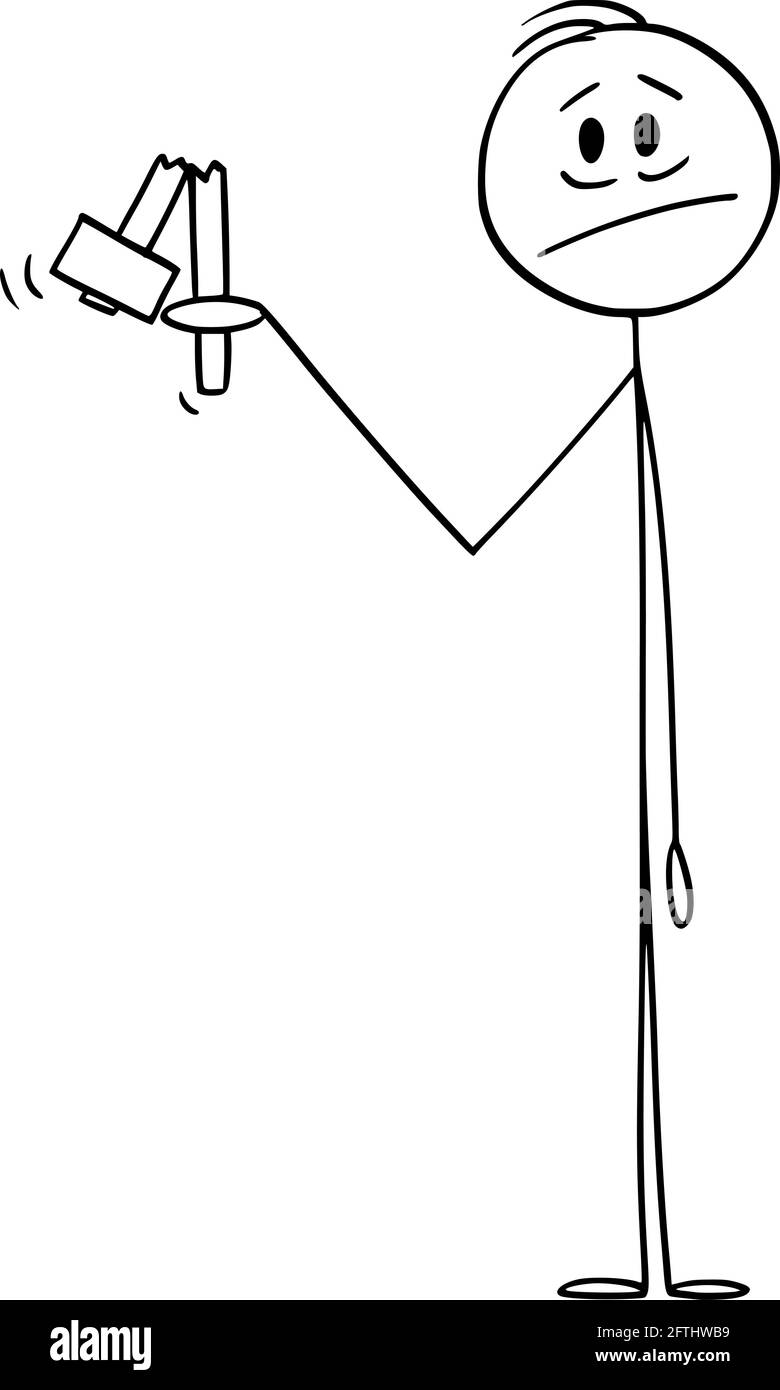 Person Holding Broken Hammer, Low Quality Tool, Vector Cartoon Stick Figure Illustration Stock Vector