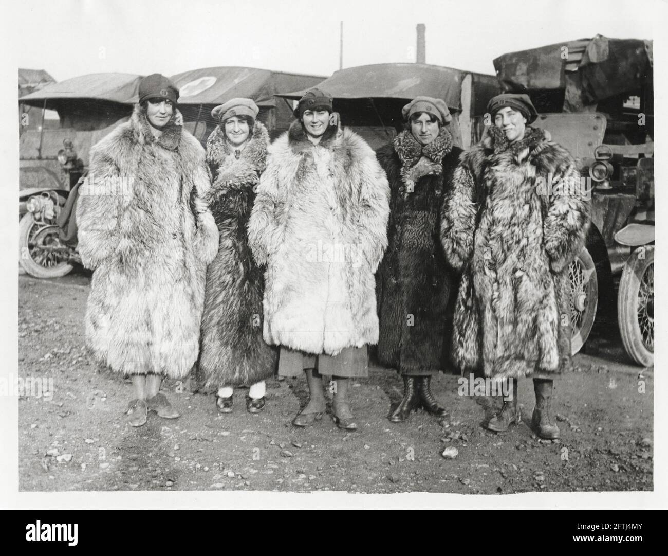 World War One, WWI, Western Front - First Aid Nursing Yeomany (F.A.N.Y.), some of the drivers in their fur coats, France Stock Photo