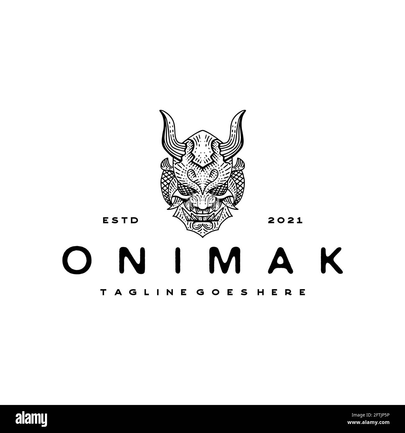 Vintage hand drawn Japanese Demon Oni Mask Logo Design Stock Photo