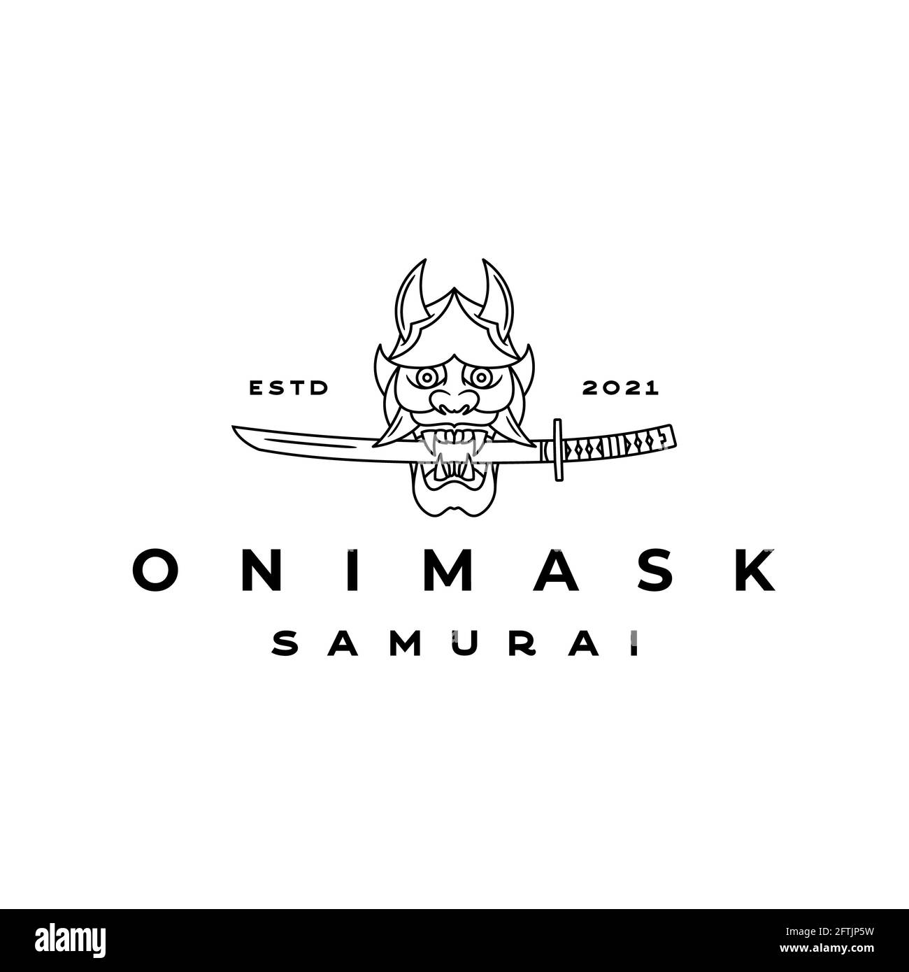 Vintage line art Japanese samurai mask with katana weapons Stock Photo