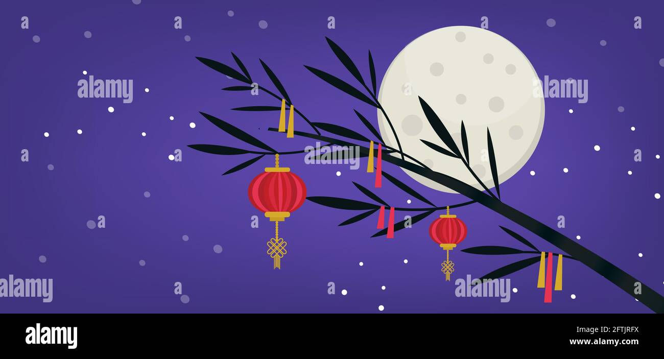 Tanabata Japanese traditional festival background banner. Bamboo decorated with paper lanterns. Vector illustration Stock Vector