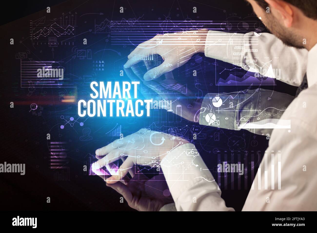 Businessman touching huge screen concept Stock Photo